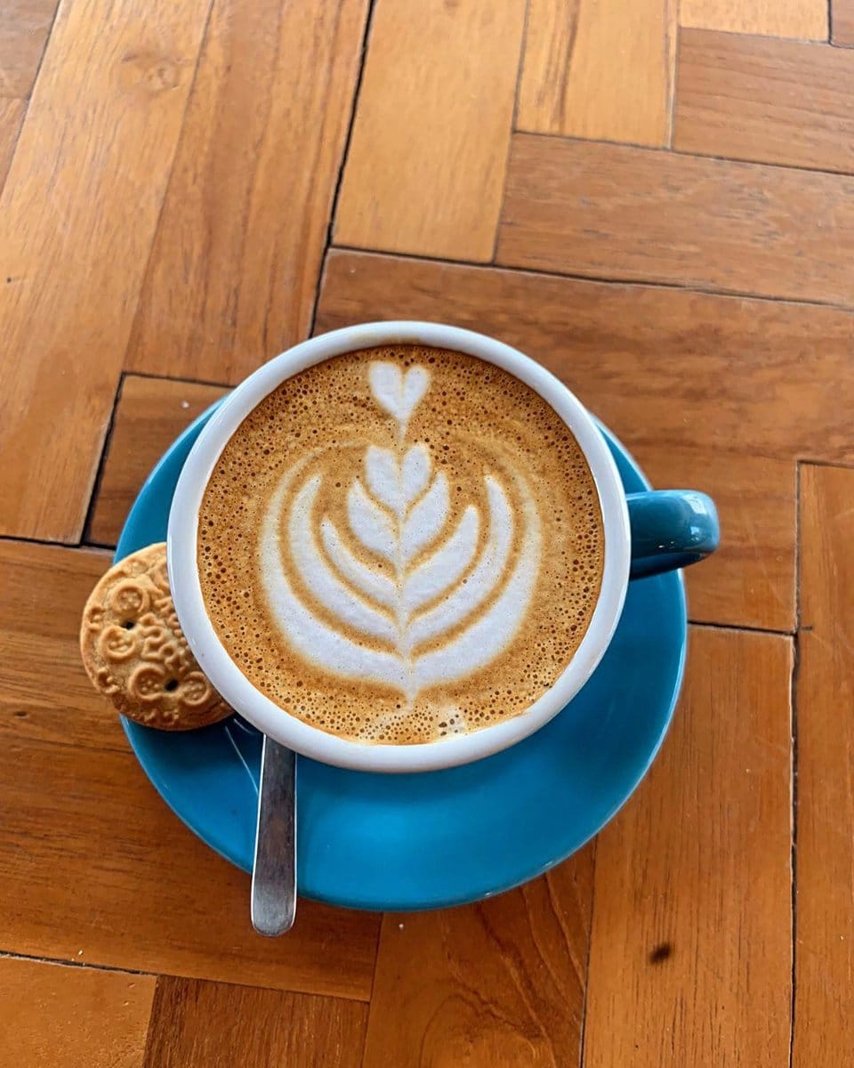 Organic arabica coffee with latte art at Slavic Roots Cafe in Berawa, Canggu, Bali